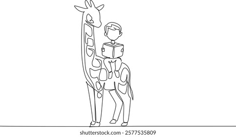 Continuous one line drawing the young boy reading book on cute giraffe. Learn about natural science directly from nature. Boy Reading Book at Animal Back. Single line draw design vector illustration