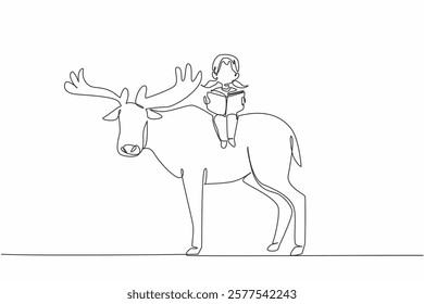 Continuous one line drawing young girl reading book on cute moose. Reading. Learning while playing. Effective. The nerd. Girl Reading Book at Animal Back. Single line draw design vector illustration