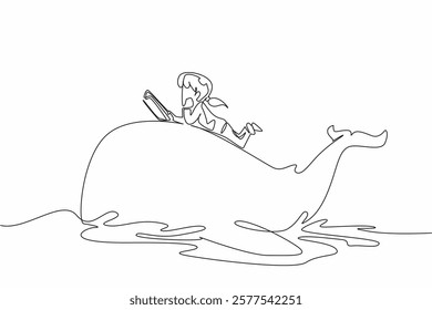 Continuous one line drawing the young girl reading book on cute whale swimming. Alone observing whale habits from books. Girl Reading Book at Animal Back. Single line draw design vector illustration