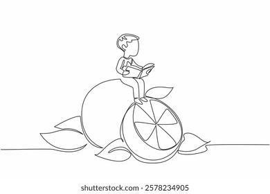 Continuous one line drawing young boy reading on orange. Reading while practicing the knowledge gained. The nerd. Boy Reading Book at Vegetables and Fruits. Single line draw design vector illustration