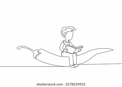 Continuous one line drawing young boy reading on chili. Always have fun learning to increase knowledge. The nerd. Boy Reading Book at Vegetables and Fruits. Single line draw design vector illustration