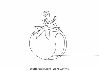 Continuous one line drawing young boy reading on tomato. Read seriously. Looking for additional knowledge. Nerd. Boy Reading Book at Vegetables and Fruits. Single line draw design vector illustration