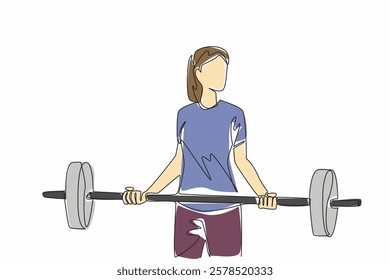 Continuous one line drawing young woman lifting a barbell with both hands. First test lifting 20 kilograms. The tough beauty. Sweat. National Fitness Day. Single line draw design vector illustration