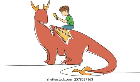 Continuous one line drawing young boy reading book on cute dragon. Delving into old folklore. Myth or fact. Fun. The nerd. Boy Reading Book at Animal Back. Single line draw design vector illustration