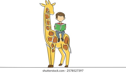 Continuous one line drawing the young boy reading book on cute giraffe. Learn about natural science directly from nature. Boy Reading Book at Animal Back. Single line draw design vector illustration