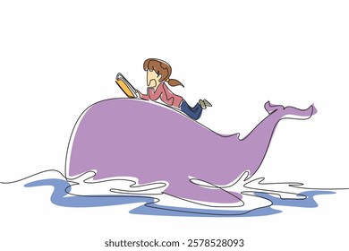 Continuous one line drawing the young girl reading book on cute whale swimming. Alone observing whale habits from books. Girl Reading Book at Animal Back. Single line draw design vector illustration