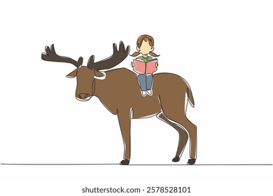 Continuous one line drawing young girl reading book on cute moose. Reading. Learning while playing. Effective. The nerd. Girl Reading Book at Animal Back. Single line draw design vector illustration