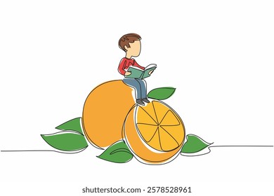 Continuous one line drawing young boy reading on orange. Reading while practicing the knowledge gained. The nerd. Boy Reading Book at Vegetables and Fruits. Single line draw design vector illustration