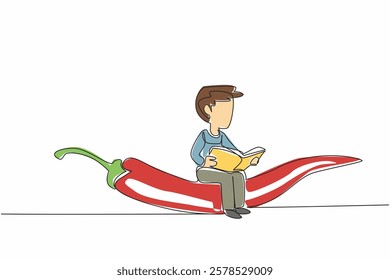 Continuous one line drawing young boy reading on chili. Always have fun learning to increase knowledge. The nerd. Boy Reading Book at Vegetables and Fruits. Single line draw design vector illustration