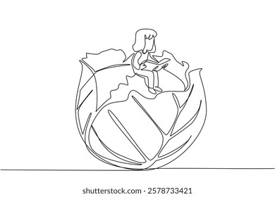 Continuous one line drawing young girl reading on leafy green cabbage. Enjoy reading during the harvest season. Girl Reading Book at Vegetables and Fruits. Single line draw design vector illustration