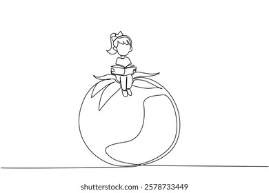 Continuous one line drawing young girl reading on tomato. Lose concentration in reading. Focus on fresh fruit. Girl Reading Book at Vegetables and Fruits. Single line draw design vector illustration