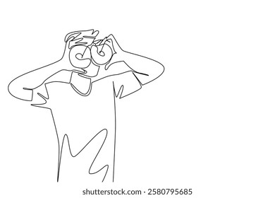 Continuous one line drawing a young man holds 2 donuts with both hands like looking through telescopes. Eyeing another favorite food. National No Diet Day. Single line draw design vector illustration