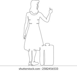 Continuous one line drawing young woman hitchhiking on the road. Hitchhiking. Girl with luggage.One continuous line isolated minimal illustration.Not AI.