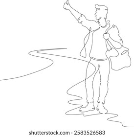 Continuous one line drawing young man hitchhiking on the road. Hitchhiking. Man with luggage.One continuous line isolated minimal illustration.Not AI.