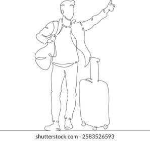 Continuous one line drawing young man hitchhiking on the road. Hitchhiking. Man with luggage.One continuous line isolated minimal illustration.Not AI.