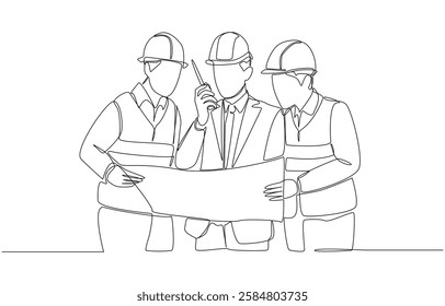 Continuous one line drawing of young engineer talking through walkie-talkie and discussing construction design with team members, construction business concept, single line art