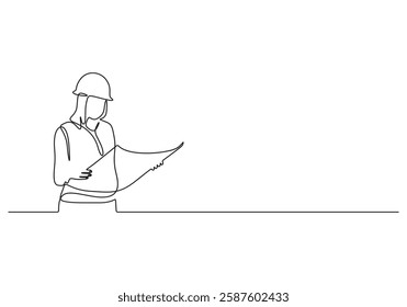 Continuous one line drawing of young female architect engineer worker standing write business note on paper at clipboard wearing safety helmet. Vector illustration