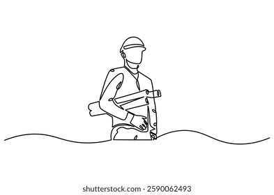 Continuous one line drawing of young male architect holding blueprint paper. Single line drawing illustration of man construction worker. Work profession concept vector art. Doodle line illustration.