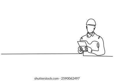 Continuous one line drawing of young male architect holding blueprint paper. Single line drawing illustration of man construction worker. Work profession concept vector art. Doodle line illustration.