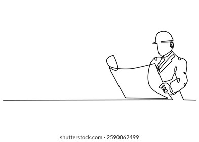 Continuous one line drawing of young male architect holding blueprint paper. Single line drawing illustration of man construction worker. Work profession concept vector art. Doodle line illustration.