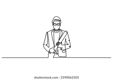 Continuous one line drawing of young male architect holding blueprint paper. Single line drawing illustration of man construction worker. Work profession concept vector art. Doodle line illustration.