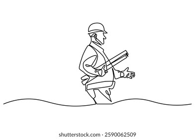 Continuous one line drawing of young male architect holding blueprint paper. Single line drawing illustration of man construction worker. Work profession concept vector art. Doodle line illustration.