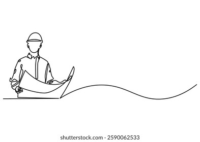 Continuous one line drawing of young male architect holding blueprint paper. Single line drawing illustration of man construction worker. Work profession concept vector art. Doodle line illustration.