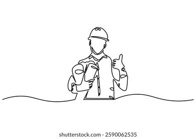 Continuous one line drawing of young male architect holding blueprint paper. Single line drawing illustration of man construction worker. Work profession concept vector art. Doodle line illustration.