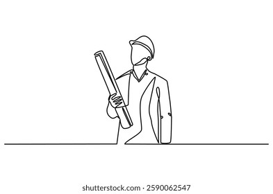 Continuous one line drawing of young male architect holding blueprint paper. Single line drawing illustration of man construction worker. Work profession concept vector art. Doodle line illustration.