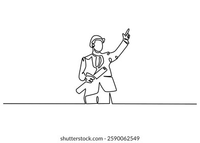 Continuous one line drawing of young male architect holding blueprint paper. Single line drawing illustration of man construction worker. Work profession concept vector art. Doodle line illustration.