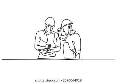 Continuous one line drawing of young architect discussing a construction project. Single line drawing illustration of architect brief. Building business concept vector art. Doodle line illustration.
