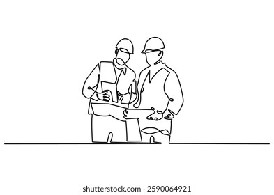 Continuous one line drawing of young architect discussing a construction project. Single line drawing illustration of architect brief. Building business concept vector art. Doodle line illustration.
