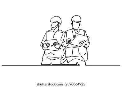 Continuous one line drawing of young architect discussing a construction project. Single line drawing illustration of architect brief. Building business concept vector art. Doodle line illustration.
