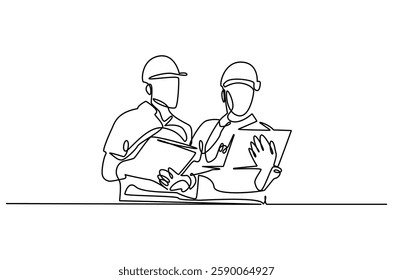 Continuous one line drawing of young architect discussing a construction project. Single line drawing illustration of architect brief. Building business concept vector art. Doodle line illustration.
