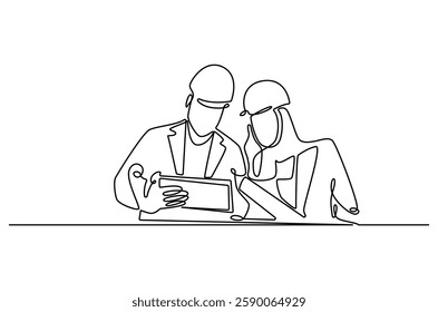 Continuous one line drawing of young architect discussing a construction project. Single line drawing illustration of architect brief. Building business concept vector art. Doodle line illustration.

