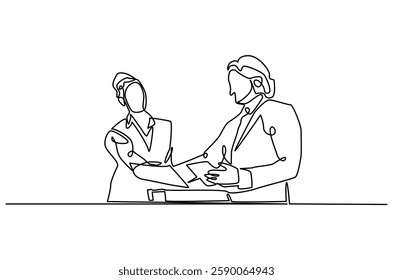 Continuous one line drawing of young architect discussing a construction project. Single line drawing illustration of architect brief. Building business concept vector art. Doodle line illustration.
