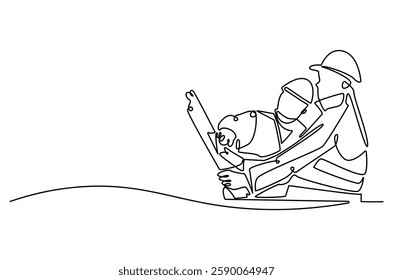Continuous one line drawing of young architect discussing a construction project. Single line drawing illustration of architect brief. Building business concept vector art. Doodle line illustration.
