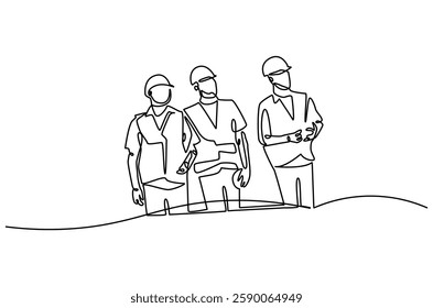 Continuous one line drawing of young architect discussing a construction project. Single line drawing illustration of architect brief. Building business concept vector art. Doodle line illustration.
