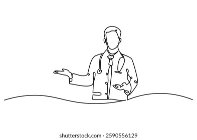 Continuous one line drawing of young man Doctor. Single line drawing illustration of Doctor healthy program. Medical innovation concept vector art. Doodle line illustration.

