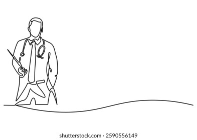 Continuous one line drawing of young man Doctor. Single line drawing illustration of Doctor healthy program. Medical innovation concept vector art. Doodle line illustration.

