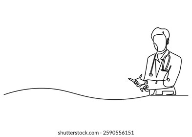 Continuous one line drawing of young man Doctor. Single line drawing illustration of Doctor healthy program. Medical innovation concept vector art. Doodle line illustration.

