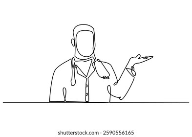 Continuous one line drawing of young man Doctor. Single line drawing illustration of Doctor healthy program. Medical innovation concept vector art. Doodle line illustration.

