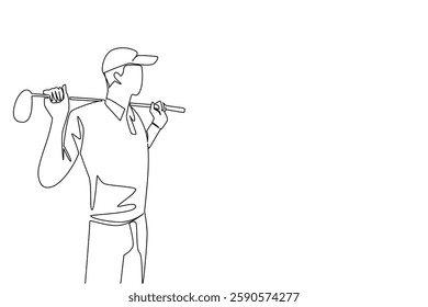 Continuous one line drawing a young man wearing gloves and a hat is putting a golf club on his shoulder. Waiting for his turn. Practice. National Golf Day. Single line draw design vector illustration