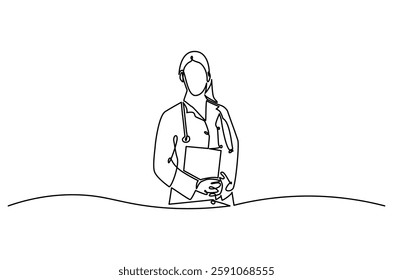 Continuous one line drawing of young woman Doctor. Single line drawing illustration of female Doctor healthy program. Medical innovation concept vector art. Doodle line illustration.

