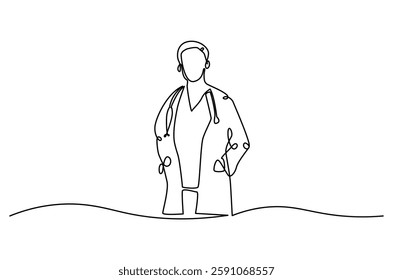 Continuous one line drawing of young woman Doctor. Single line drawing illustration of female Doctor healthy program. Medical innovation concept vector art. Doodle line illustration.

