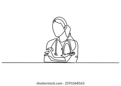 Continuous one line drawing of young woman Doctor. Single line drawing illustration of female Doctor healthy program. Medical innovation concept vector art. Doodle line illustration.

