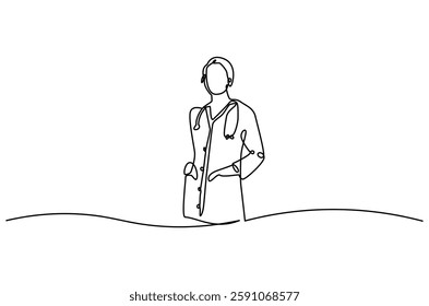 Continuous one line drawing of young woman Doctor. Single line drawing illustration of female Doctor healthy program. Medical innovation concept vector art. Doodle line illustration.

