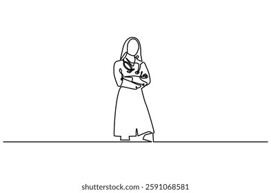Continuous one line drawing of young woman Doctor. Single line drawing illustration of female Doctor healthy program. Medical innovation concept vector art. Doodle line illustration.


