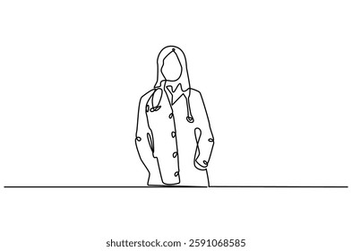 Continuous one line drawing of young woman Doctor. Single line drawing illustration of female Doctor healthy program. Medical innovation concept vector art. Doodle line illustration.

