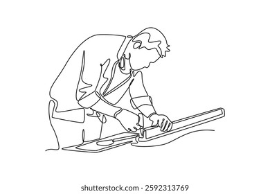 Continuous one line drawing young carpenter measuring wooden board using measurement tape, ruler, pencil. Home construction or renovation services. Single line draw design vector graphic illustration